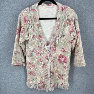Womens Shawl Collar Floral Knit Jacket Size L Cottage Neutral Fringe Country